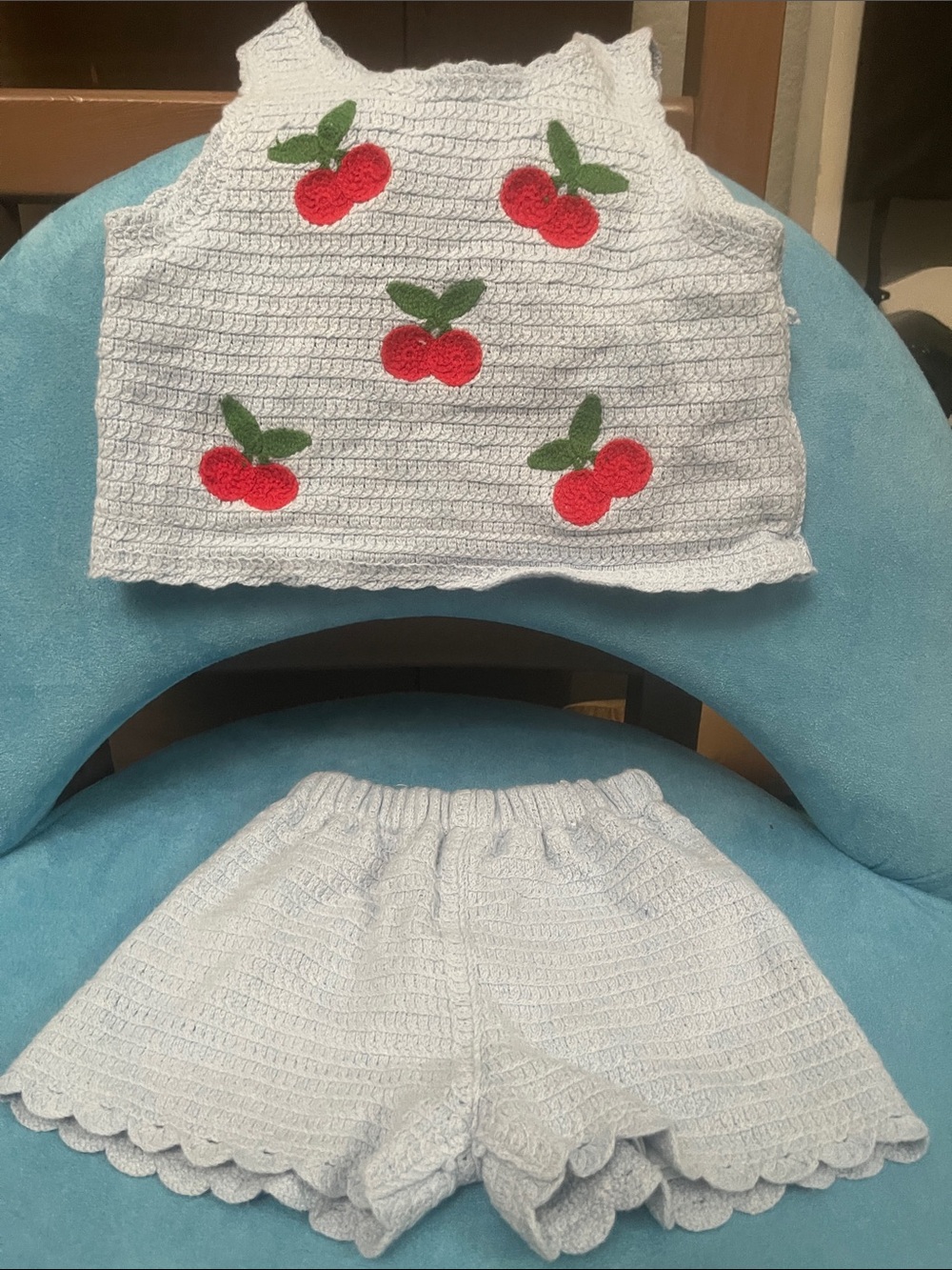 Kids White Crochet Cherry Appliqué Matching Set